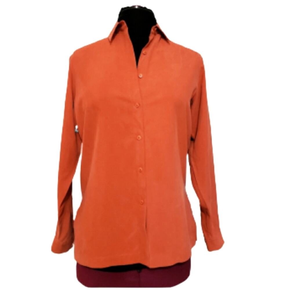 GO‎ Silk Burnt Orange Long Sleeve Button Front Top